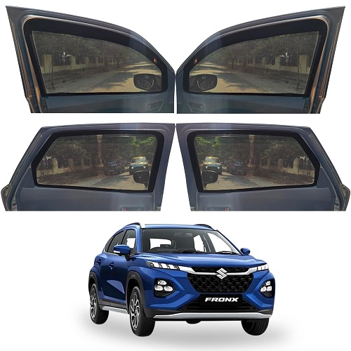 Magnetic Window Sunshades for Maruti Suzuki Fronx (All Model), 4-Curtains Set, 2 Full Size Front with Zipper, 2 Full Size Rear Without Zipper, Black