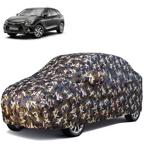  Waterproof Car Body Cover Compatible with Toyota Glanza 100% Waterproof with Mirror & Antenna Pocket Triple Stitched Bottom Elastic Dustproof Full Body Protection (Cloud Series Army)