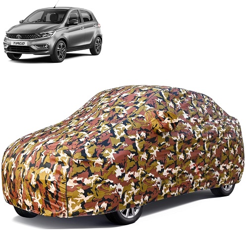  Waterproof Car Body Cover Compatible with Tata Tiago 100% Waterproof with Mirror & Antenna Pocket Triple Stitched Bottom Elastic Dustproof Full Body Protection (Jungle Series)