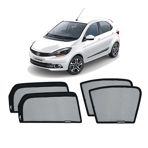  Magnetic Window Sunshades for Tata Tiago - 2pcs Half Without Zip Front and 2pcs Full with Zip Rear | Sun Visor Protector Curtains | Reflective Cover, Black (Set of 4 Pieces)