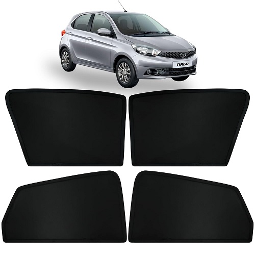 Fixed Type Non-Magnetic Window Sunshades for TATA Tiago | Z-Black | 4-Piece Car Window Curtain Set | UV Protection | Premium Black Mesh | Custom Fit for TATA Tiago