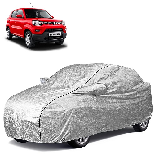  Waterproof Car Body Cover Compatible with Maruti S-Presso 100% Waterproof with Mirror & Antenna Pocket Triple Stitched Bottom Elastic Dustproof Full Body Protection (Silver Series)