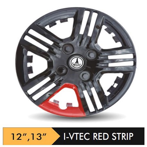 Car Wheel Cover/caps (VTEK - BLACK AND RED-STRIP) Compatible With - R12 INCHES RIM SIZE