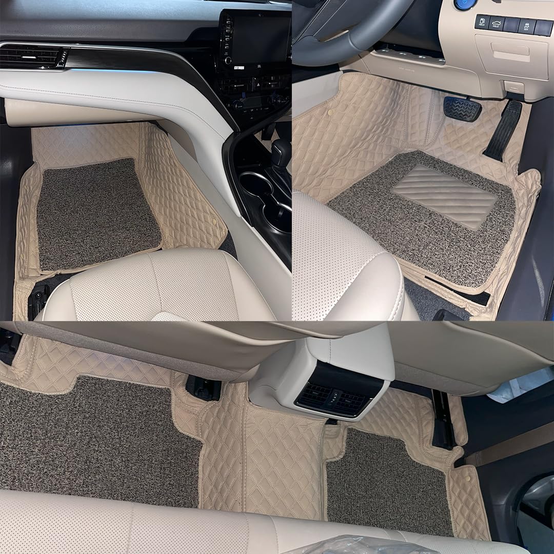 Ultra Premium 7D Car Floor Mats Compatible for Thar Roxx||Luxury Leather Double Layered Mat||Set of 3Pcs||Waterproof and Washable||Color :-Beige with Golden(Beige Brown Grass)
