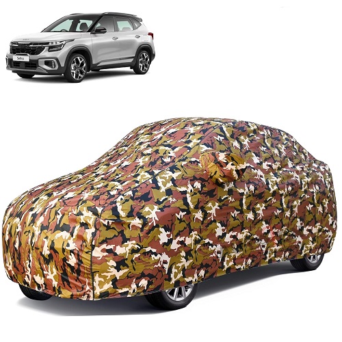 Waterproof Car Body Cover Compatible with Kia Seltos 100% Waterproof with Mirror & Antenna Pocket Triple Stitched Bottom Elastic Dustproof Full Body Protection (Jungle Series)