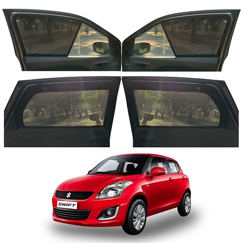 Magnetic Window Sunshades Compatible with Maruti Suzuki Swift (2012 to 2016 Models), 4-Curtains Set, Front 2 Half-Size Without Zipper, Rear 2 Full-Size with Zipper, Black