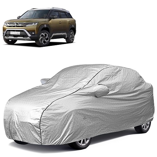 Waterproof Car Body Cover Compatible with Maruti Vitara Brezza 100% Waterproof with Mirror & Antenna Pocket Triple Stitched Bottom Elastic Dustproof Full Body Protection (Silver Series)
