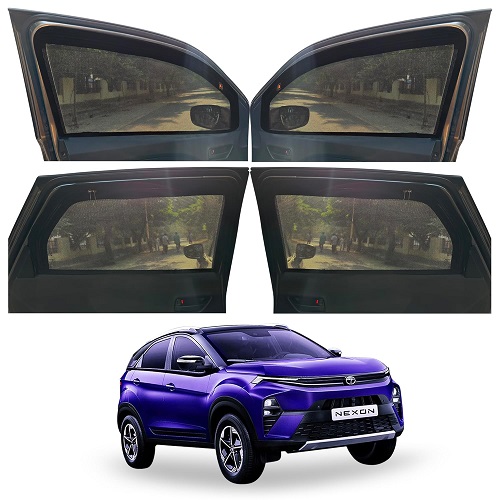 Magnetic Window Sunshades for TATA Nexon (All Model), All 4-Curtains Set with Zipper, 2 Full Size Front, 2 Full Size Rear, Black