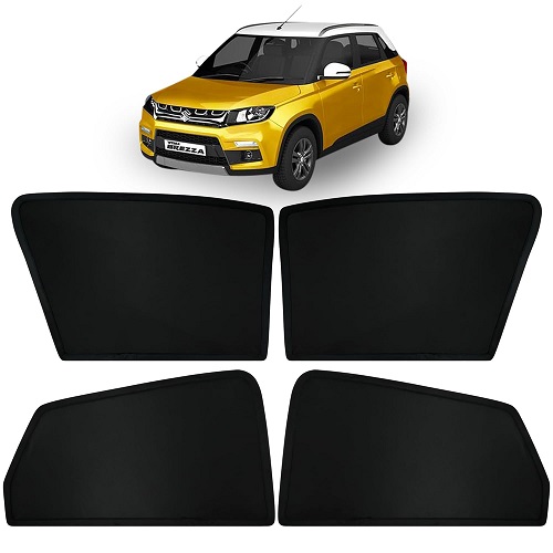  Fixed Type Non-Magnetic Window Sunshades for Maruti Suzuki BREZZA (Before 2022) | Z-Black | 4-Piece Car Window Curtain Set | UV Protection | Premium Black Mesh