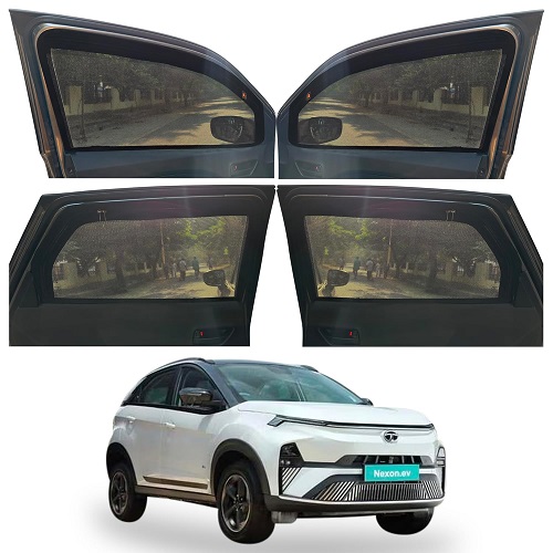 Magnetic Window Sunshades for TATA Nexon EV (All Model), All 4-Curtains Set with Zipper, 2 Full Size Front, 2 Full Size Rear, Black