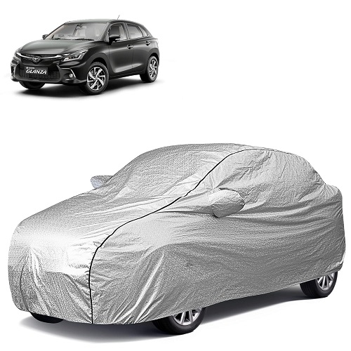  Waterproof Car Body Cover Compatible with Toyota Glanza 100% Waterproof with Mirror & Antenna Pocket Triple Stitched Bottom Elastic Dustproof Full Body Protection (Silver Series)