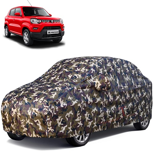  Waterproof Car Body Cover Compatible with Maruti S-Presso 100% Waterproof with Mirror & Antenna Pocket Triple Stitched Bottom Elastic Dustproof Full Body Protection (Cloud Series Army)