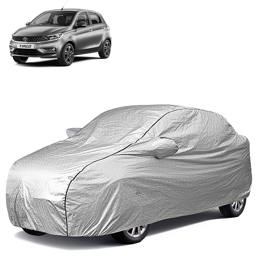 Waterproof Car Body Cover Compatible with Tata Tiago 100% Waterproof with Mirror & Antenna Pocket Triple Stitched Bottom Elastic Dustproof Full Body Protection (Silver Series)
