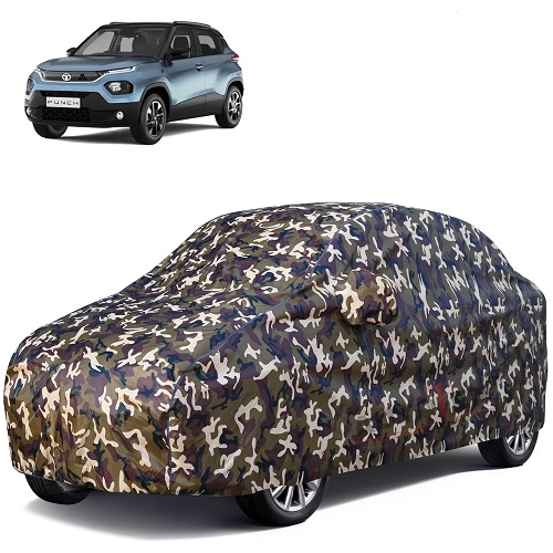 Waterproof Car Body Cover Compatible with Tata Punch 100% Waterproof with Mirror & Antenna Pocket Triple Stitched Bottom Elastic Dustproof Full Body Protection (Cloud Series Army)