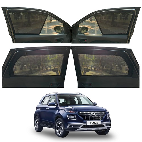 Magnetic Window Sunshades for Hyundai Venue (2019 to 2023), 4-Curtains Set, Front 2 Half-Size, Rear 2 Full-Size with Zipper, Black