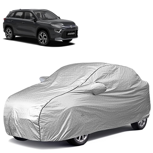 Waterproof Car Body Cover compatible with Toyota Urban Cruiser-Hyryder 100% Waterproof with Mirror & Antenna Pocket Triple Stitched Bottom Elastic Dustproof Full Body Protection(Silver Series)