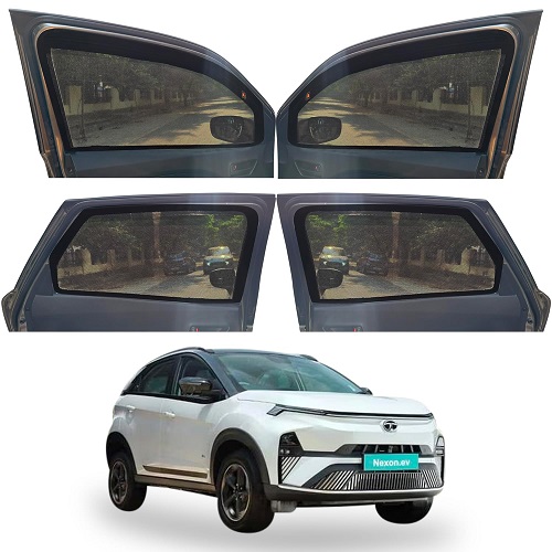 Magnetic Window Sunshades for TATA Nexon EV (All Model), 4-Curtains Set, 2 Full Size Front with Zipper, 2 Full Size Rear Without Zipper, Black