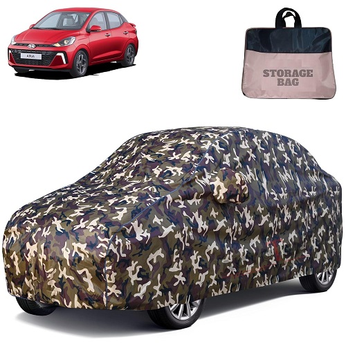 Waterproof Car Body Cover Compatible with Hyundai Aura 100% Waterproof with Mirror & Antenna Pocket Triple Stitched Bottom Elastic Dustproof Full Body Protection (Cloud Series Army)