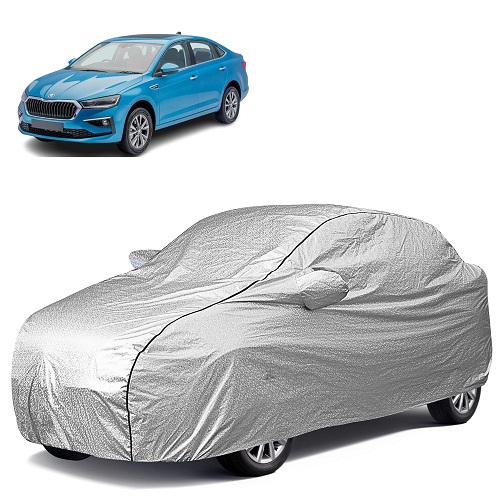 Waterproof Car Body Cover Compatible with Skoda Slavia 100% Waterproof with Mirror & Antenna Pocket Triple Stitched Bottom Elastic Dustproof Full Body Protection (Silver Series)