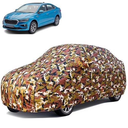  Waterproof Car Body Cover Compatible with Skoda Slavia 100% Waterproof with Mirror & Antenna Pocket Triple Stitched Bottom Elastic Dustproof Full Body Protection (Jungle Series)
