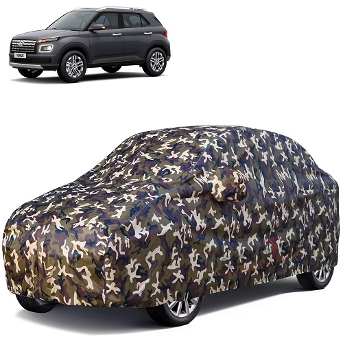 Waterproof Car Body Cover Compatible with Hyundai Venue 100% Waterproof with Mirror & Antenna Pocket Triple Stitched Bottom Elastic Dustproof Full Body Protection (Cloud Series Army)