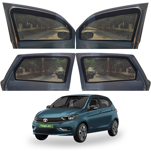 Magnetic Window Sunshades for TATA Tiago EV (All Model), 4-Curtains Set, 2 Full Size Front with Zipper, 2 Full Size Rear Without Zipper, Black