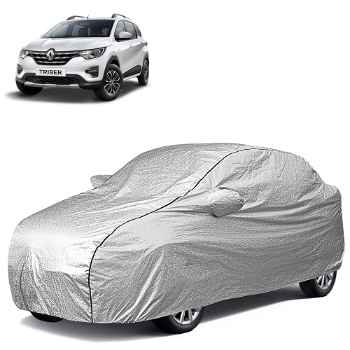  Waterproof Car Body Cover Compatible with Renault Triber 100% Waterproof with Mirror & Antenna Pocket Triple Stitched Bottom Elastic Dustproof Full Body Protection (Silver Series)