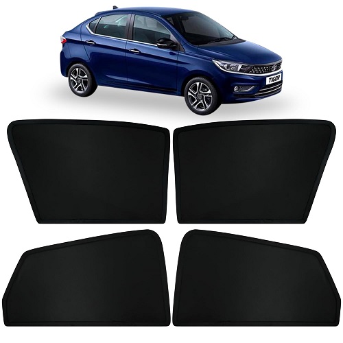 Fixed Type Non-Magnetic Window Sunshades for TATA TIGOR | Z-Black | 4-Piece Car Window Curtain Set | UV Protection | Premium Black Mesh | Custom Fit for TATA TIGOR