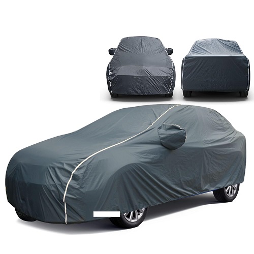  Heavy Duty Fabric All Weather Car Cover for Mahindra XUV300 | Dog Proof, 100% Waterproof, Custom Fit, Elastic Grip, 5+ Years Life, Durable, Mirror Pocket |(Grey with White Piping)