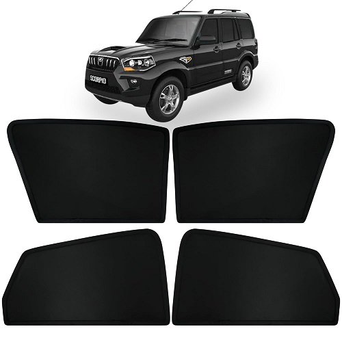 Fixed Type Non-Magnetic Window Sunshades for Mahindra Scorpio | Z-Black | 4-Piece Car Window Curtain Set | UV Protection | Premium Black Mesh | Custom Fit for Mahindra Scorpio