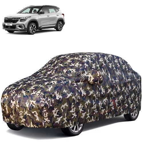 Waterproof Car Body Cover Compatible with Kia Seltos 100% Waterproof with Mirror & Antenna Pocket Triple Stitched Bottom Elastic Dustproof Full Body Protection (Cloud Series Army)