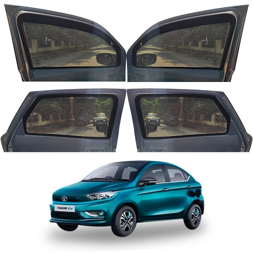  Magnetic Window Sunshades for TATA Tigor EV (All Model), 4-Curtains Set, 2 Full Size FrontA with Zipper, 2 Full Size Rear Without Zipper, Black