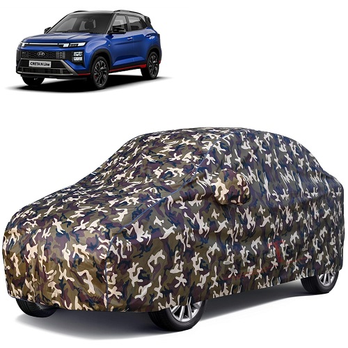 Waterproof Car Body Cover Compatible with Hyundai Creta 100% Waterproof with Mirror & Antenna Pocket Triple Stitched Bottom Elastic Dustproof Full Body Protection (Cloud Series Army)