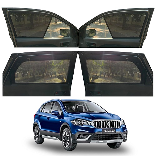 Magnetic Window Sunshades for Maruti Suzuki S-Cross (All Model), 4-Curtains Set, Front 2 Half-Size Without Zipper, Rear 2 Full-Size with Zipper, Black