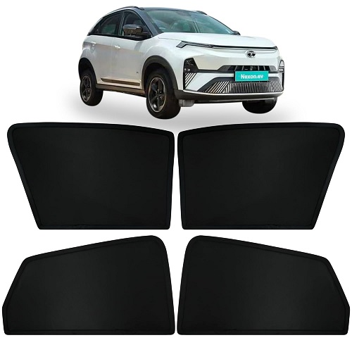 Fixed Type Non-Magnetic Window Sunshades for TATA Nexon EV | Z-Black | 4-Piece Car Window Curtain Set | UV Protection | Premium Black Mesh | Custom Fit for TATA Nexon EV