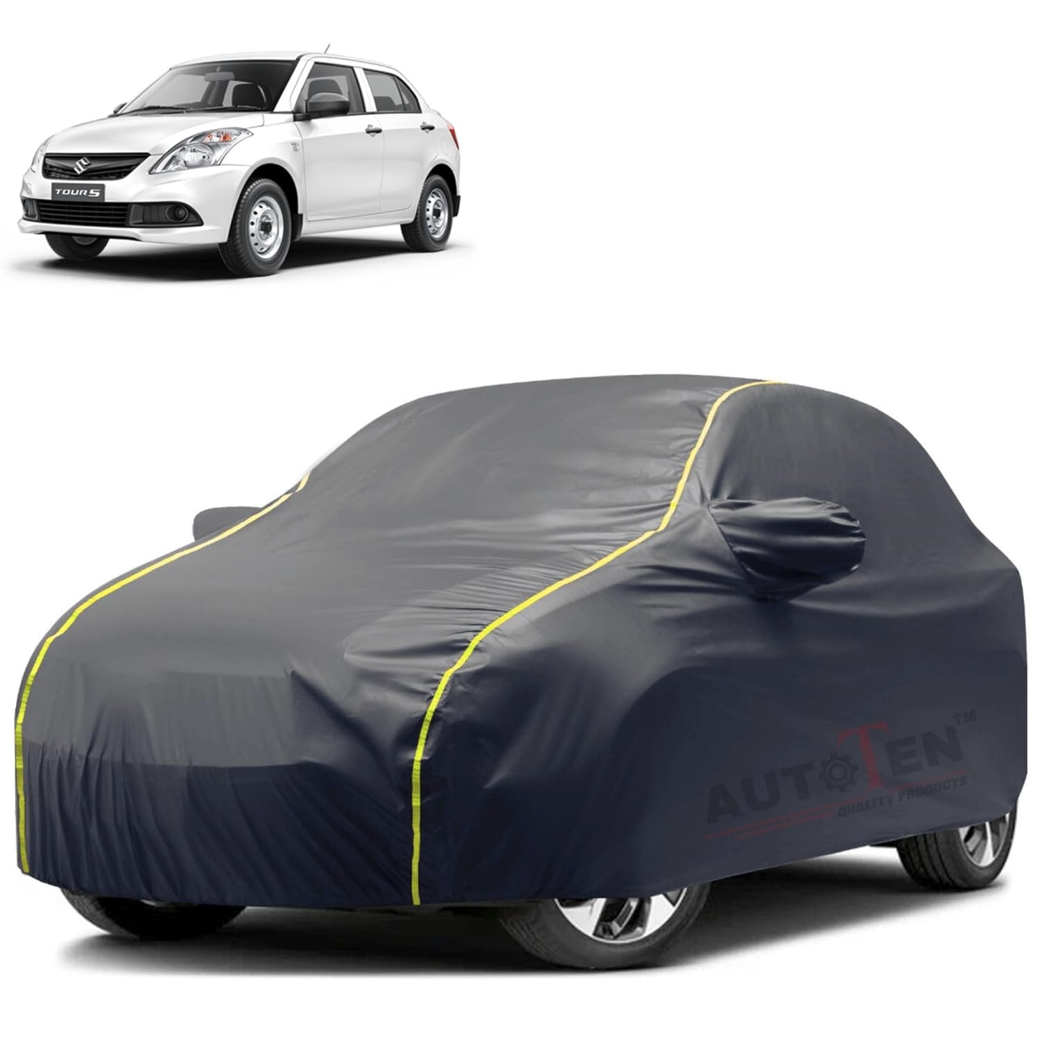 Waterproof Car Body Cover Compatible with Maruti Dzire 100% Waterproof with Mirror & Antenna Pocket Triple Stitched Bottom Elastic Dustproof Full Body Protection (Grey Series)