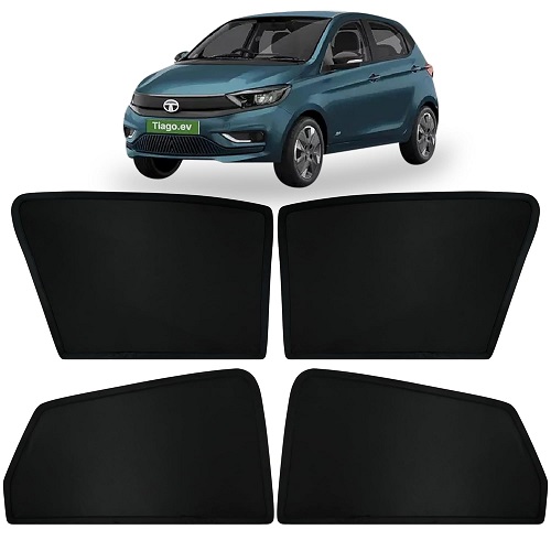 Fixed Type Non-Magnetic Window Sunshades for TATA Tiago EV | Z-Black | 4-Piece Car Window Curtain Set | UV Protection | Premium Black Mesh | Custom Fit for TATA Tiago EV