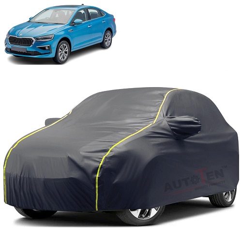 Waterproof Car Body Cover Compatible with Skoda Slavia 100% Waterproof with Mirror & Antenna Pocket Triple Stitched Bottom Elastic Dustproof Full Body Protection (Grey Series)