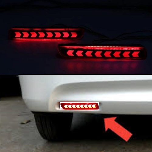 Car Rear Bumper LED Reflector Brake Light (Running Indicator A Matrix Scaning) 8 Arrow Design DRL (2Pcs) for Maruti Suzuki Baleno/Brezza/Ertiga/S-Cross/Ciaz/Ritz/SX4/Dzire/Wagon R/Celerio/S-Presso
