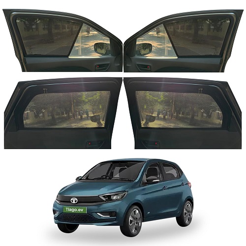 Magnetic Window Sunshades for TATA Tiago EV (All Model), 4-Curtains Set, Front 2 Half-Size, Rear 2 Full-Size with Zipper, Black 