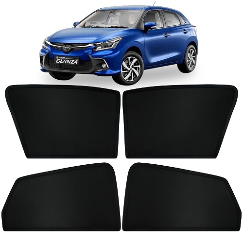 Fixed Type Non-Magnetic Window Sunshades for Toyota New GLANZA (2022 Onwards) | Z-Black | 4-Piece Car Window Curtain Set | UV Protection | Premium Black Mesh | Custom Fit for New GLANZA