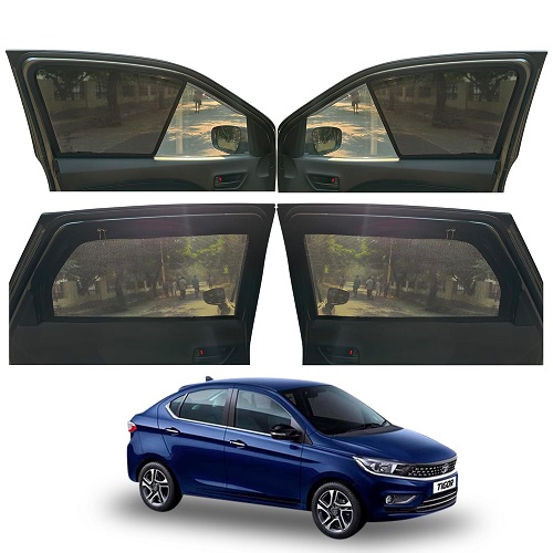 Magnetic Window Sunshades for TATA TIGOR (All Model), 4-Curtains Set, Front 2 Half-Size Without Zipper, Rear 2 Full-Size with Zipper, Black