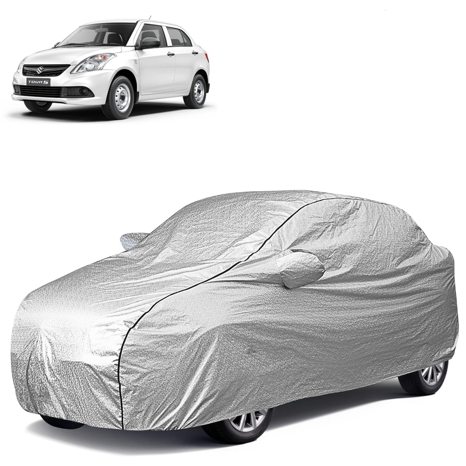  Waterproof Car Body Cover Compatible with Maruti Dzire 100% Waterproof with Mirror & Antenna Pocket Triple Stitched Bottom Elastic Dustproof Full Body Protection (Silver Series)