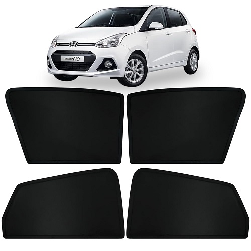  Fixed Type Non-Magnetic Window Sunshades for Hyundai i-10 Grand (2013 to 2019 Model) | Z-Black | 4-Piece Car Window Curtain Set | UV Protection | Premium Black Mesh