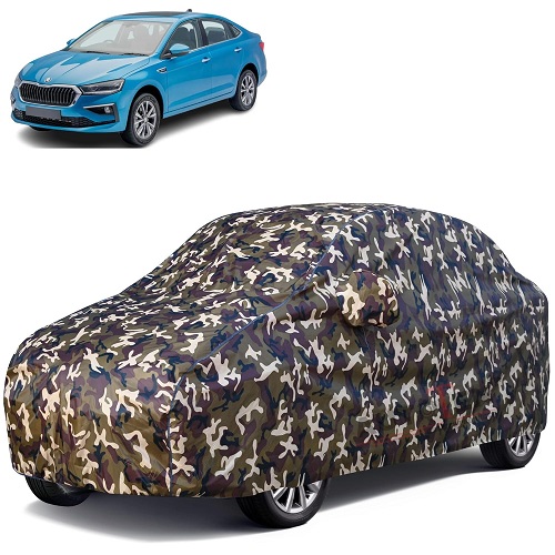  Waterproof Car Body Cover Compatible with Skoda Slavia 100% Waterproof with Mirror & Antenna Pocket Triple Stitched Bottom Elastic Dustproof Full Body Protection (Cloud Series Army)
