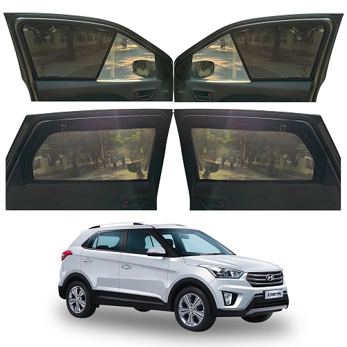 Magnetic Window Sunshades Compatible with Hyundai Creta Old Model (2015 to 2020 Model), 4-Curtains Set, Front 2 Half-Size, Rear 2 Full-Size with Zipper, Black