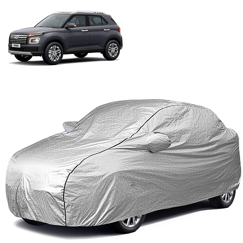  Waterproof Car Body Cover Compatible with Hyundai Venue 100% Waterproof with Mirror & Antenna Pocket Triple Stitched Bottom Elastic Dustproof Full Body Protection (Silver Series)