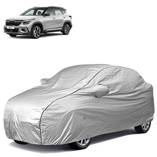 Waterproof Car Body Cover Compatible with Kia Seltos 100% Waterproof with Mirror & Antenna Pocket Triple Stitched Bottom Elastic Dustproof Full Body Protection (Silver Series)