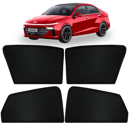  Fixed Type Non-Magnetic Window Sunshades for Hyundai Verna (2023 Onwards) | Z-Black | 4-Piece Car Window Curtain Set | UV Protection | Premium Black Mesh | Custom Fit for Hyundai Verna