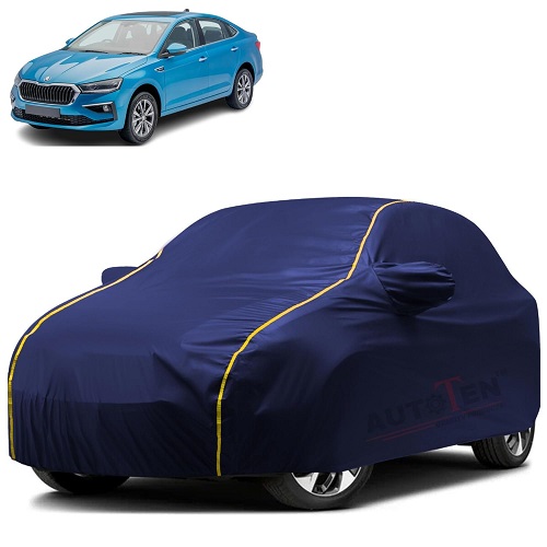 Waterproof Car Body Cover Compatible with Skoda Slavia 100% Waterproof with Mirror & Antenna Pocket Triple Stitched Bottom Elastic Dustproof Full Body Protection (Blue Series)